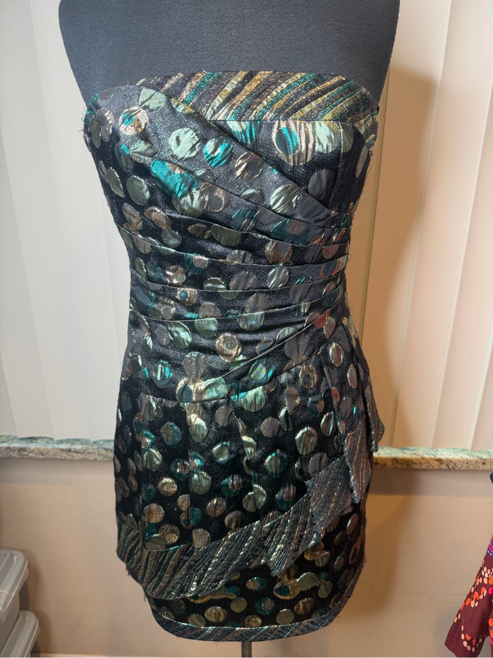 Phoebe Couture Strapless Metallic Dot Cocktail Dress Black Green Size 6